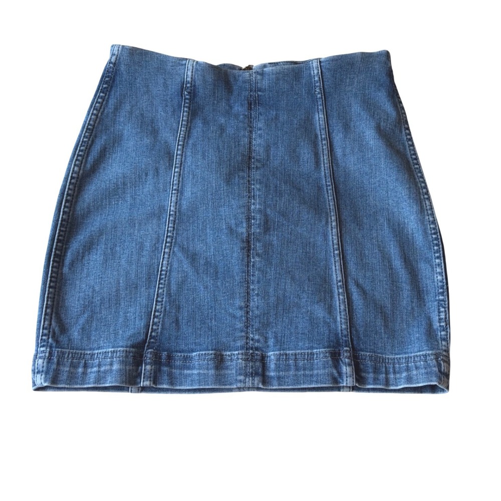 Free People Denim Mini Skirt High Waisted Seamed Blue Jean A-Line‎ Size 4